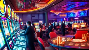 Engaged players at slot machines embodying the excitement of viral88 casino games.
