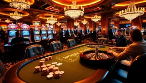 Engage in an exciting game at the HM88 poker table surrounded by slot machines and casino glamour.