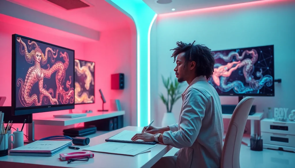 Futuristic digital art studio showcasing NSFW AI creativity in action
