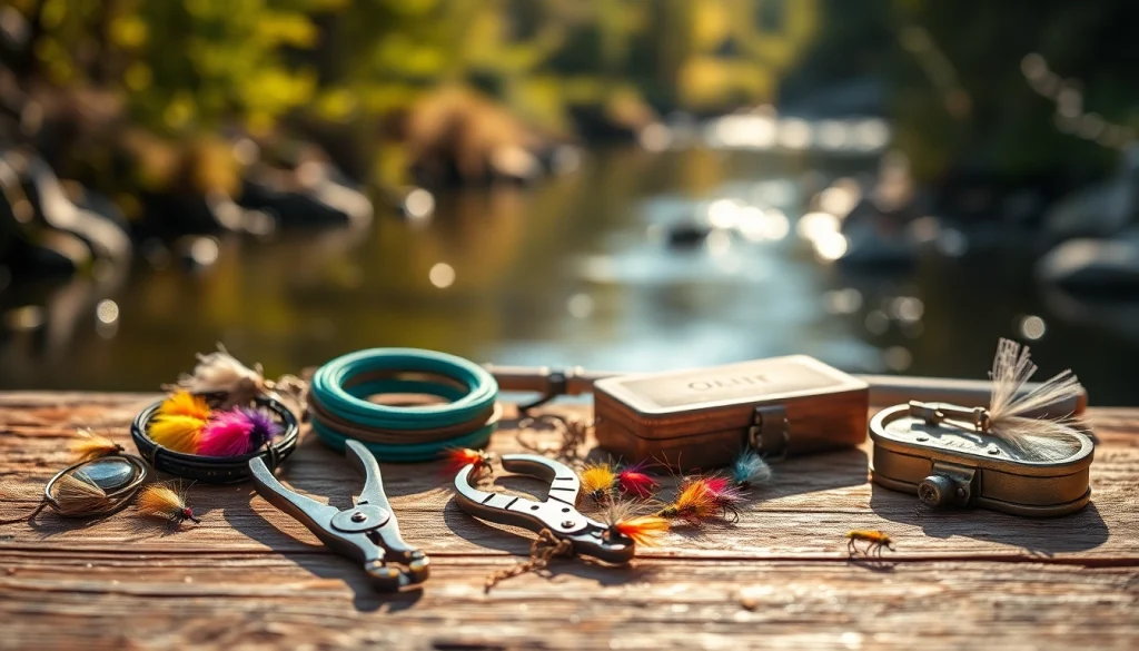 Showcase of essential fly fishing accessories including nippers and colorful flies on a rustic table