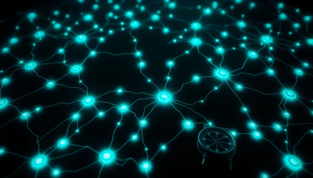 The Hidden Wiki as a glowing map of the dark web, showcasing interconnected .onion links in neon blue and green tones.