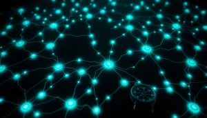 The Hidden Wiki as a glowing map of the dark web, showcasing interconnected .onion links in neon blue and green tones.