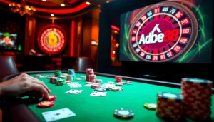 Betting excitement with Adobet88 displayed on vibrant casino elements and poker table.