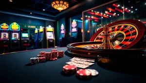UU88 gamblers enjoying an exciting casino game with vibrant poker chips and a glowing roulette wheel.