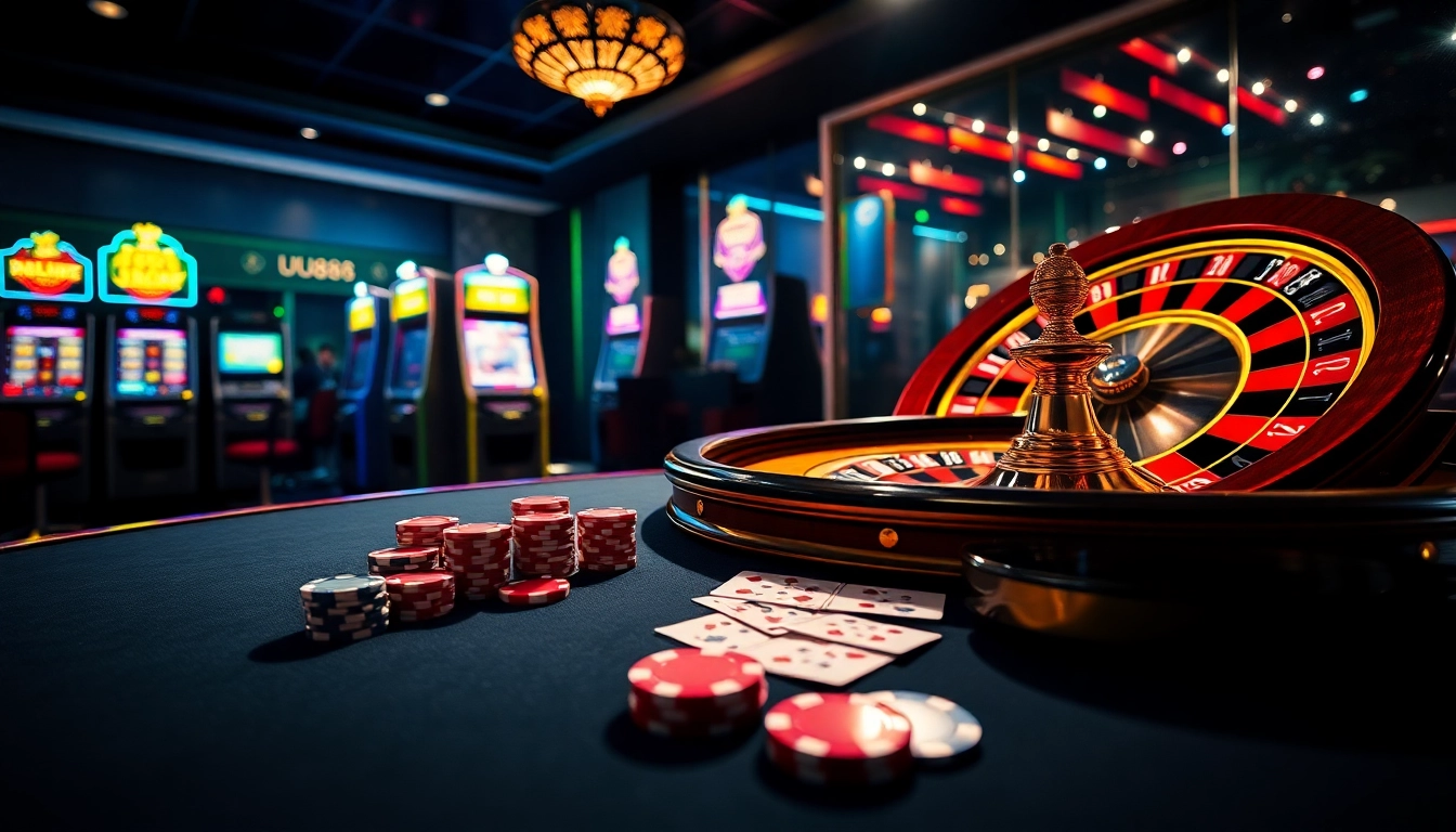 UU88 gamblers enjoying an exciting casino game with vibrant poker chips and a glowing roulette wheel.