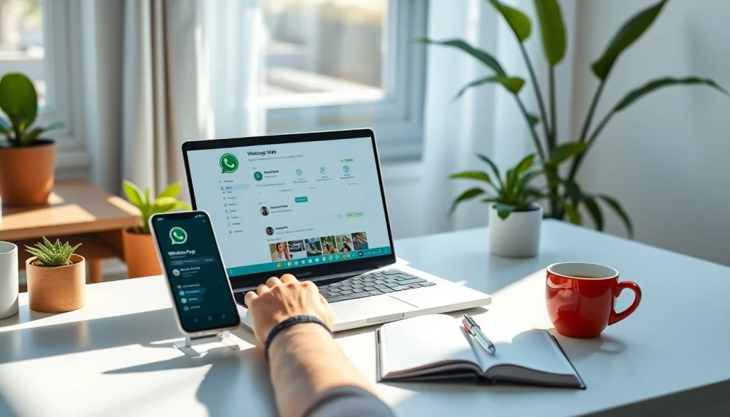在安静的家庭办公室环境中，时尚笔记本上展示的 WhatsApp Web 实现无缝通信。