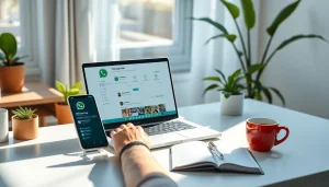 在安静的家庭办公室环境中，时尚笔记本上展示的 WhatsApp Web 实现无缝通信。