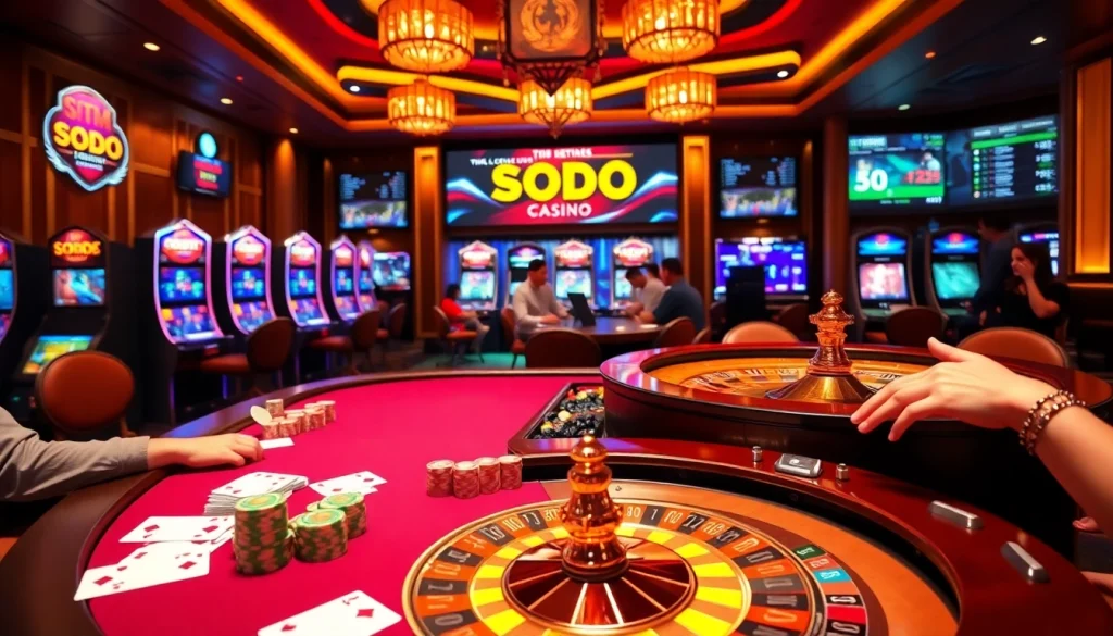 Players enjoying high-stakes gaming at SODO CASINO, featuring cards and roulette wheel.