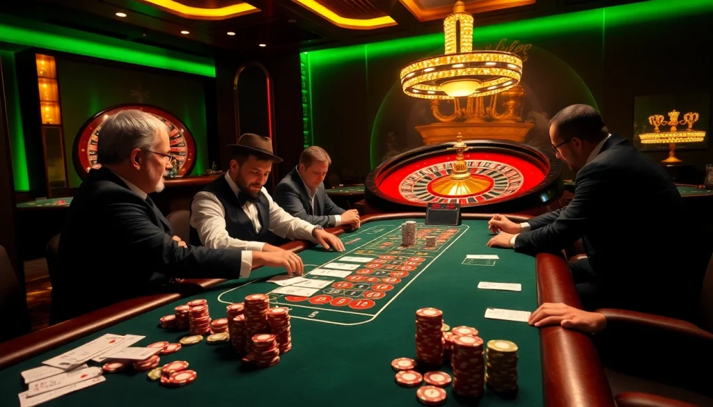 Gamblers enjoying poker at a high-stakes casino table at https://uk88.za.com/ with vibrant chips and cards.
