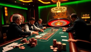 Gamblers enjoying poker at a high-stakes casino table at https://uk88.za.com/ with vibrant chips and cards.
