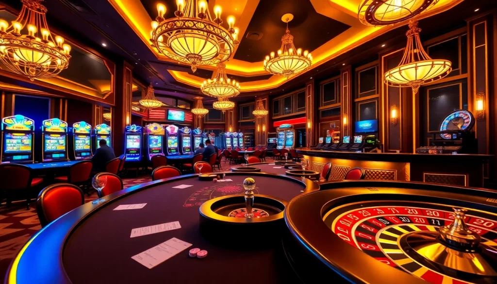 Experience excitement at the luxurious j88 casino with vibrant gaming tables and spinning roulette wheels.