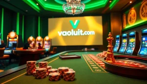 Engage in thrilling gambling action at https://vaoluoitv.it.com with luxurious casino visuals featuring poker chips and roulette wheels.