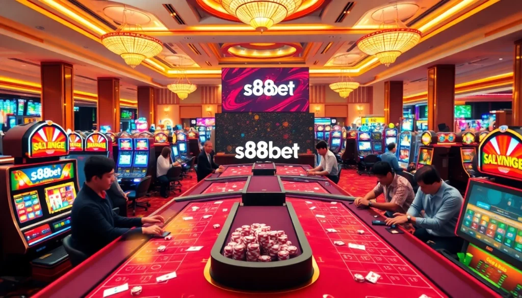 S88bet players enjoying a thrilling casino experience with dynamic gaming tables and colorful slot machines.