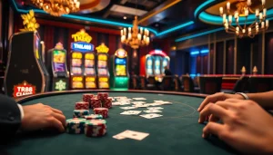 Experience the thrilling gameplay at TR88's luxurious casino, featuring exciting poker tables and vibrant slot machines.