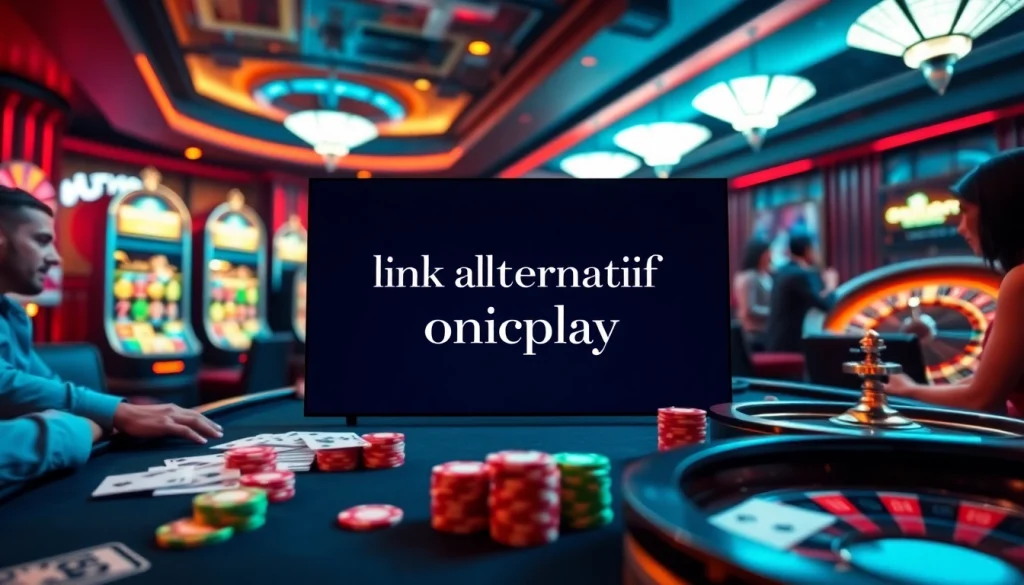 Engaging scene of gamblers using link alternatif onicplay at a vibrant casino table.
