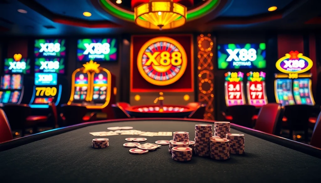 XX88 logo displayed over an exciting casino scene featuring poker and roulette tables.
