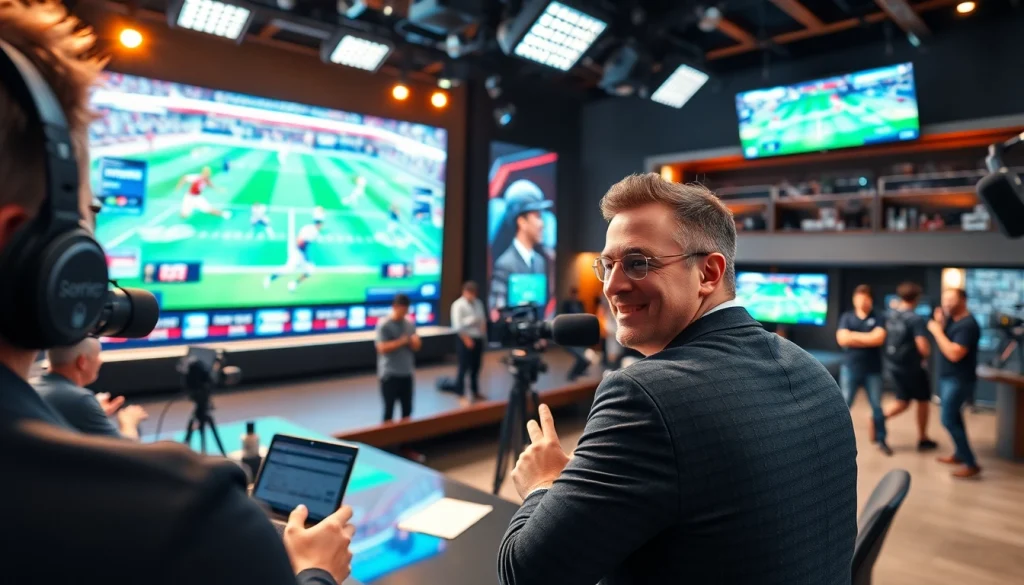 Engaging host in dynamic sports broadcasting studio, showcasing excitement in Sports Broadcasting.