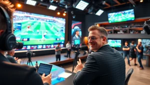 Engaging host in dynamic sports broadcasting studio, showcasing excitement in Sports Broadcasting.