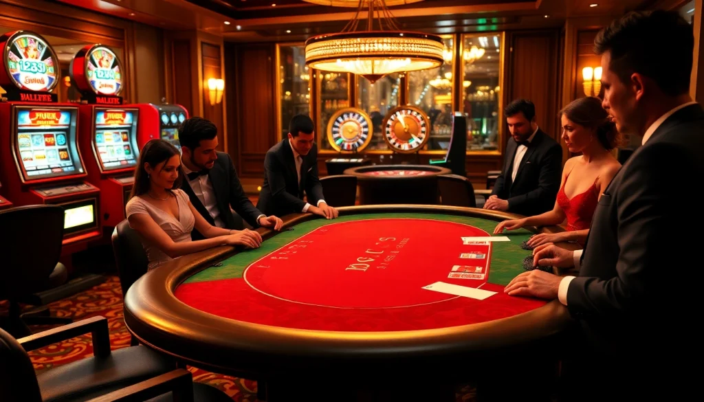 Gamblers strategizing at the BJ38 poker table with vibrant chips and lively atmosphere.