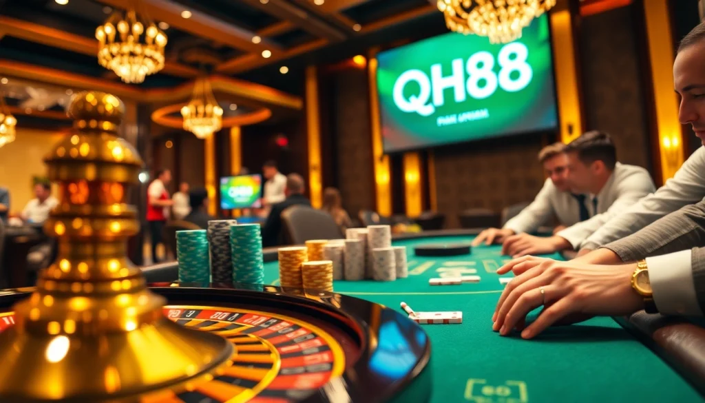 Players enjoying an exhilarating game at QH88 casino, highlighting chips, cards, and atmosphere.