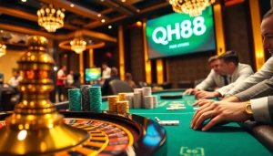 Players enjoying an exhilarating game at QH88 casino, highlighting chips, cards, and atmosphere.