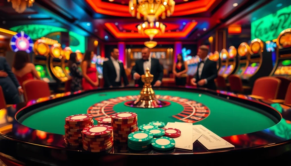Register at an upscale casino, surrounded by vibrant roulette tables and eager players.