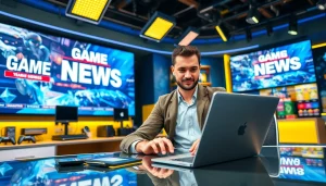 Engaging scene showcasing the latest gaming news with a reporter in a modern newsroom.