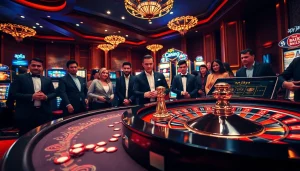 Gambling excitement at a casino table featuring apk jaya-themed games and vibrant slot machines.