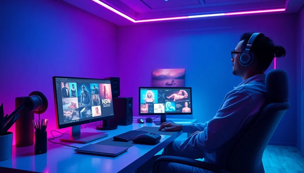 Realistic depiction of an NSFW AI image generator in a futuristic artist studio, blending tech and creativity.