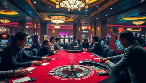 SODO-themed casino atmosphere with vibrant tables and excited gamblers engaged in strategic poker.