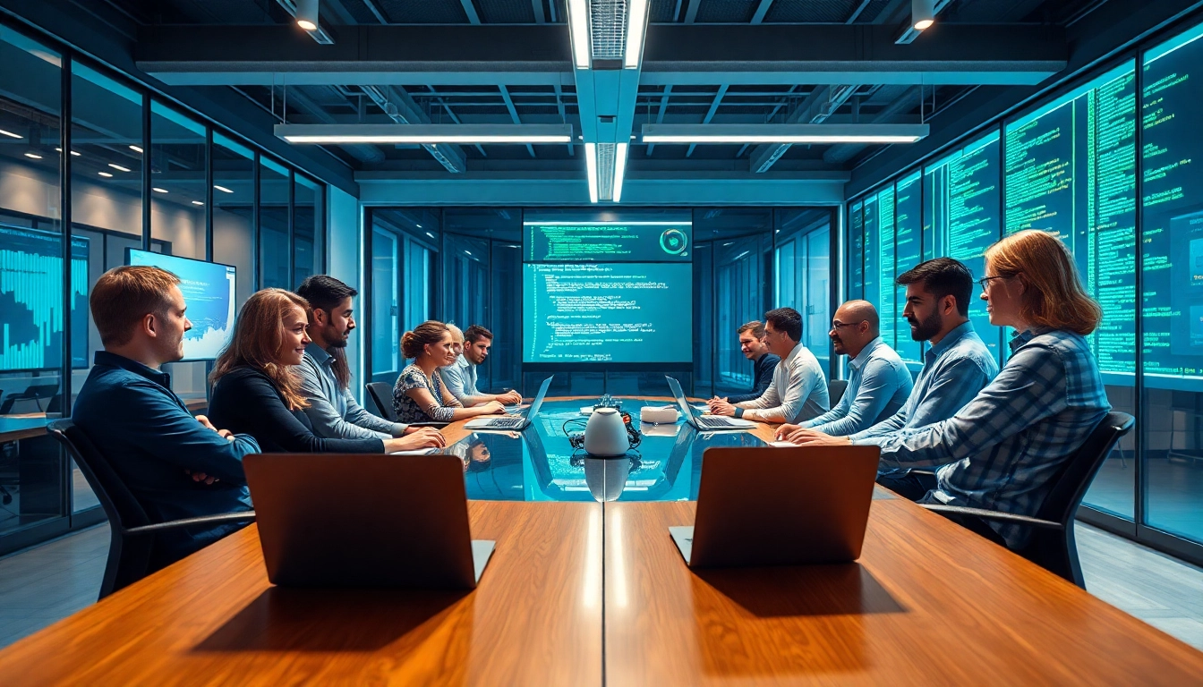 Collaborative software engineering team discussing projects and data analysis.