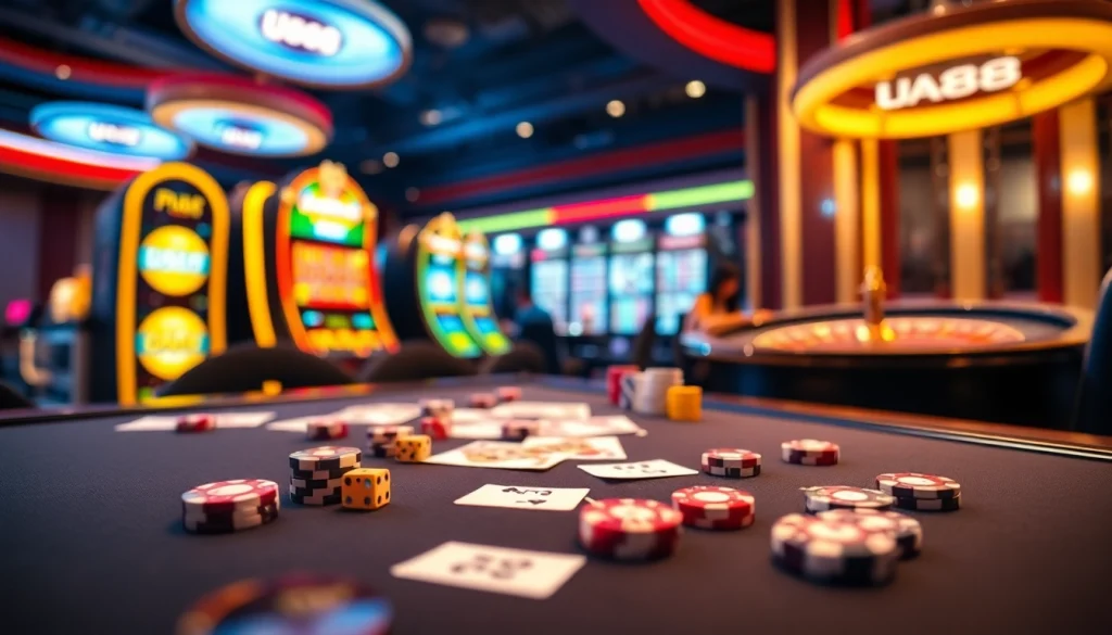 U888 gamblers enjoying a thrilling game at a vibrant casino table filled with poker chips and cards.