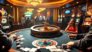 Winning at 555win com: A vibrant casino scene showcasing roulette, poker, and slot machines.