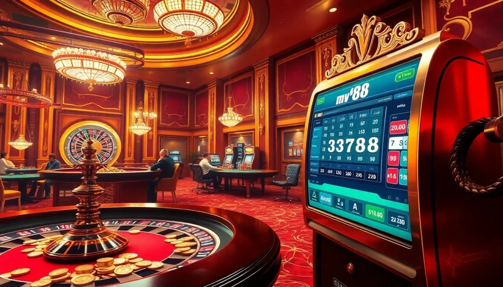 Engaging players at a luxurious casino, with mv88 betting interface visible on-screen.
