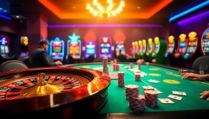 Experience the thrill of IWIN68 with a vibrant casino scene featuring roulette and poker games.