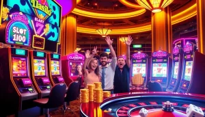 Pemain merayakan kemenangan di mesin Slot Bet 100 di antara lampu kasino yang berwarna-warni.