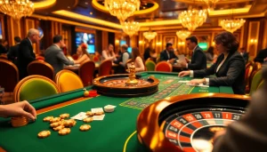 Players engaging in TK 88-themed gaming with chips and cards in a luxurious casino setting.