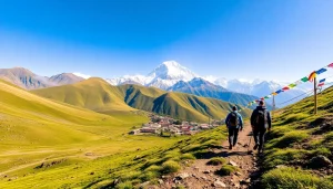 Scenic view of the Manaslu Circuit showcasing trekkers, lush hills, and majestic peaks.