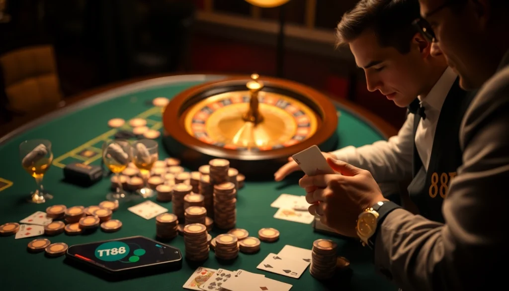 TT88 betting excitement at a luxurious casino poker table with chips and cards.