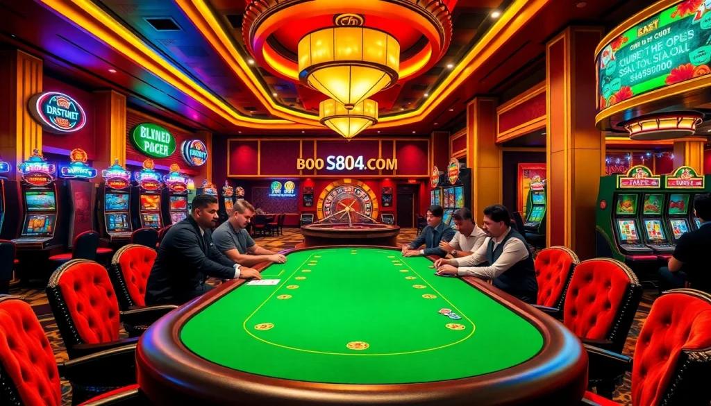S804.COM showcases players at a thrilling poker table in a vibrant casino setting.