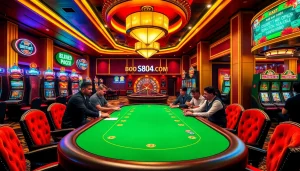 S804.COM showcases players at a thrilling poker table in a vibrant casino setting.