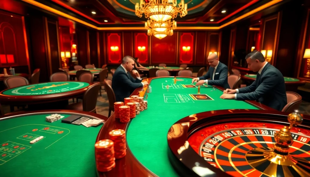 KJC casino players strategizing at a vibrant poker table with stacked chips.