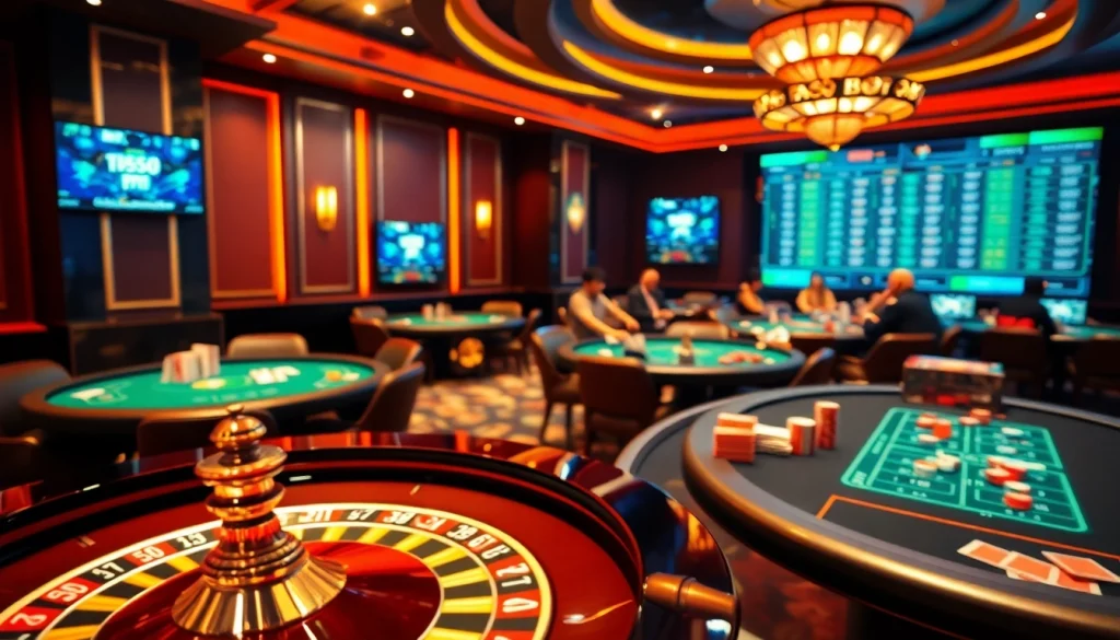 Experience an exciting online gambling atmosphere at https://vaoluoitv.it.com with vibrant roulette and poker scenes.