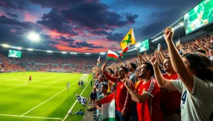 مشجعون متحمسون يستمتعون بمشاهدة كورة لايف أثناء مباراة كرة قدم مثيرة، مع أجواء ملعب نابضة بالحياة.