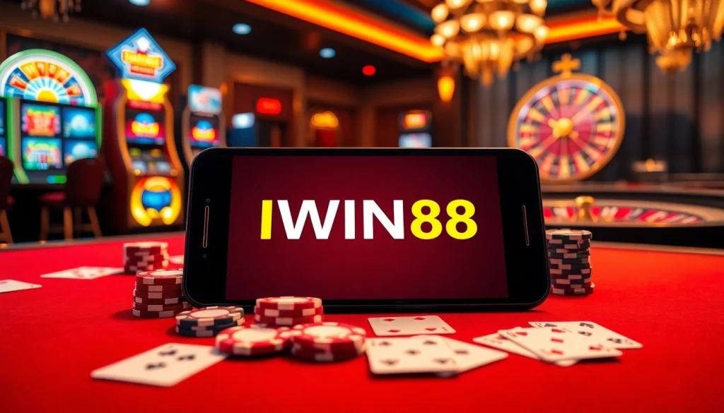 IWIN68 app displayed on a smartphone with vibrant casino elements, including cards and chips.