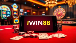 IWIN68 app displayed on a smartphone with vibrant casino elements, including cards and chips.