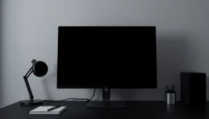 Black screen tool (schermo nero) on a modern monitor in a minimalist workspace.