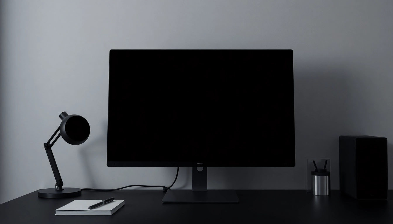 Black screen tool (schermo nero) on a modern monitor in a minimalist workspace.