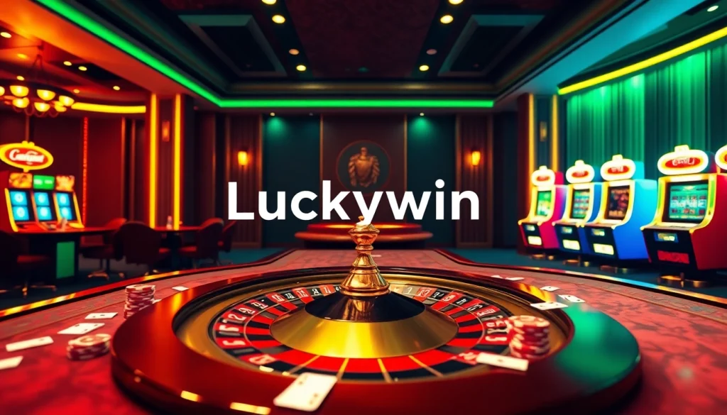 Experience the excitement of Luckywin with vibrant casino imagery featuring elegant tables, chips, and slot machines.