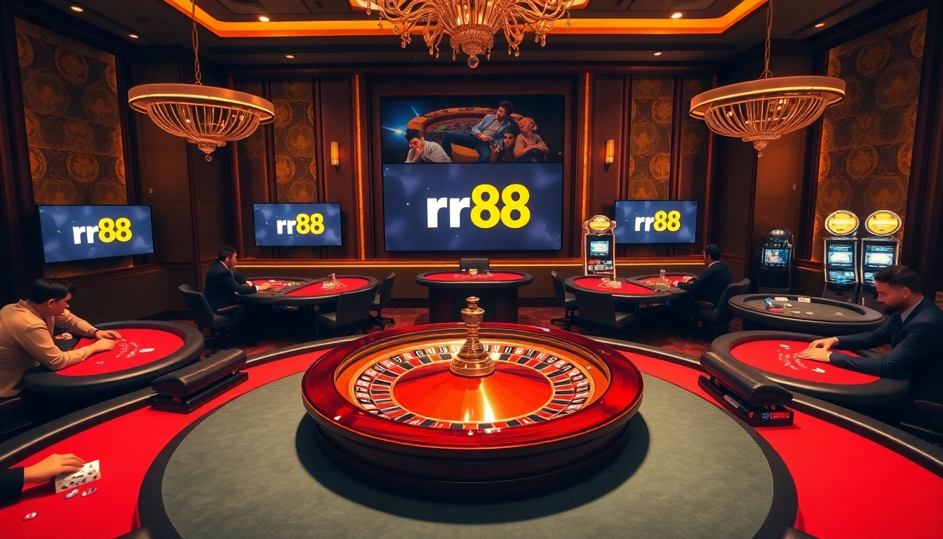 Experience thrilling gameplay at RR88 link with vibrant casino tables, roulette, and engaging gamblers.